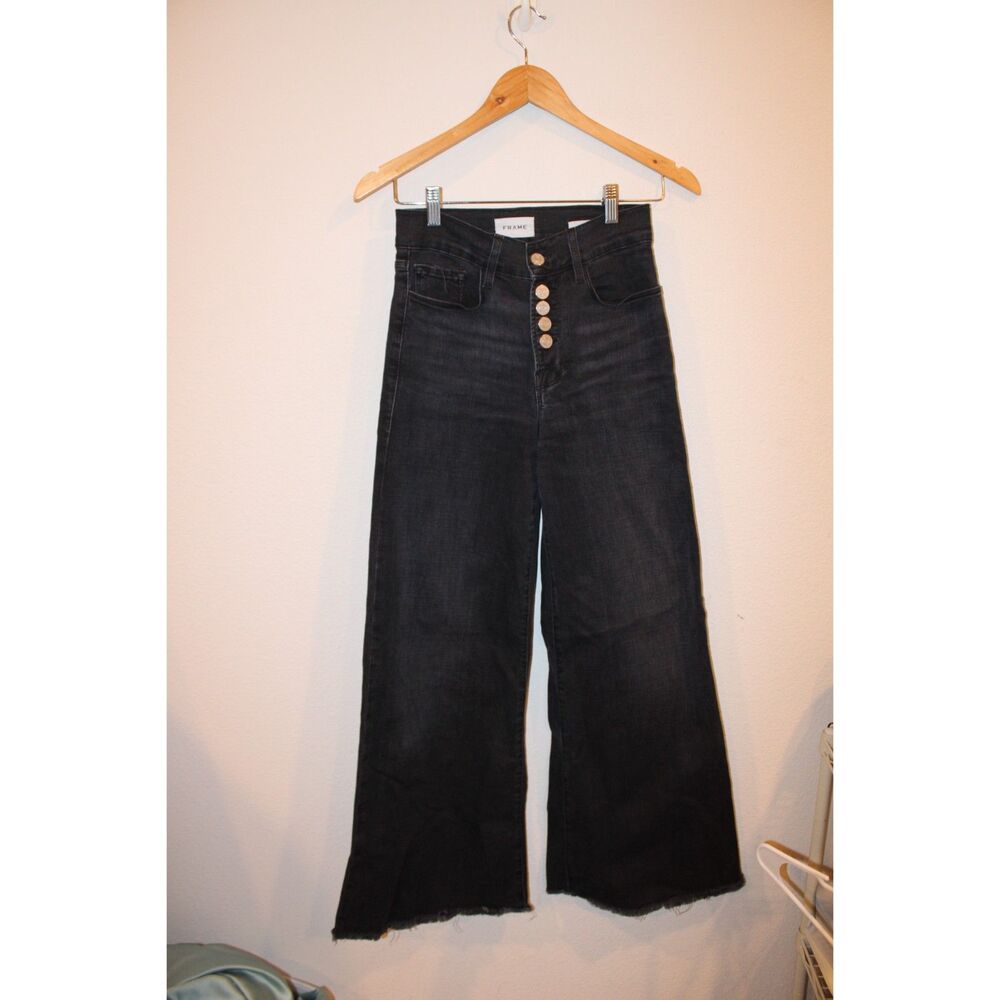 Frame Denim Le Palazzo Exposed Button Wide Leg Jean Black size 24 raw hem - Picture 6 of 9